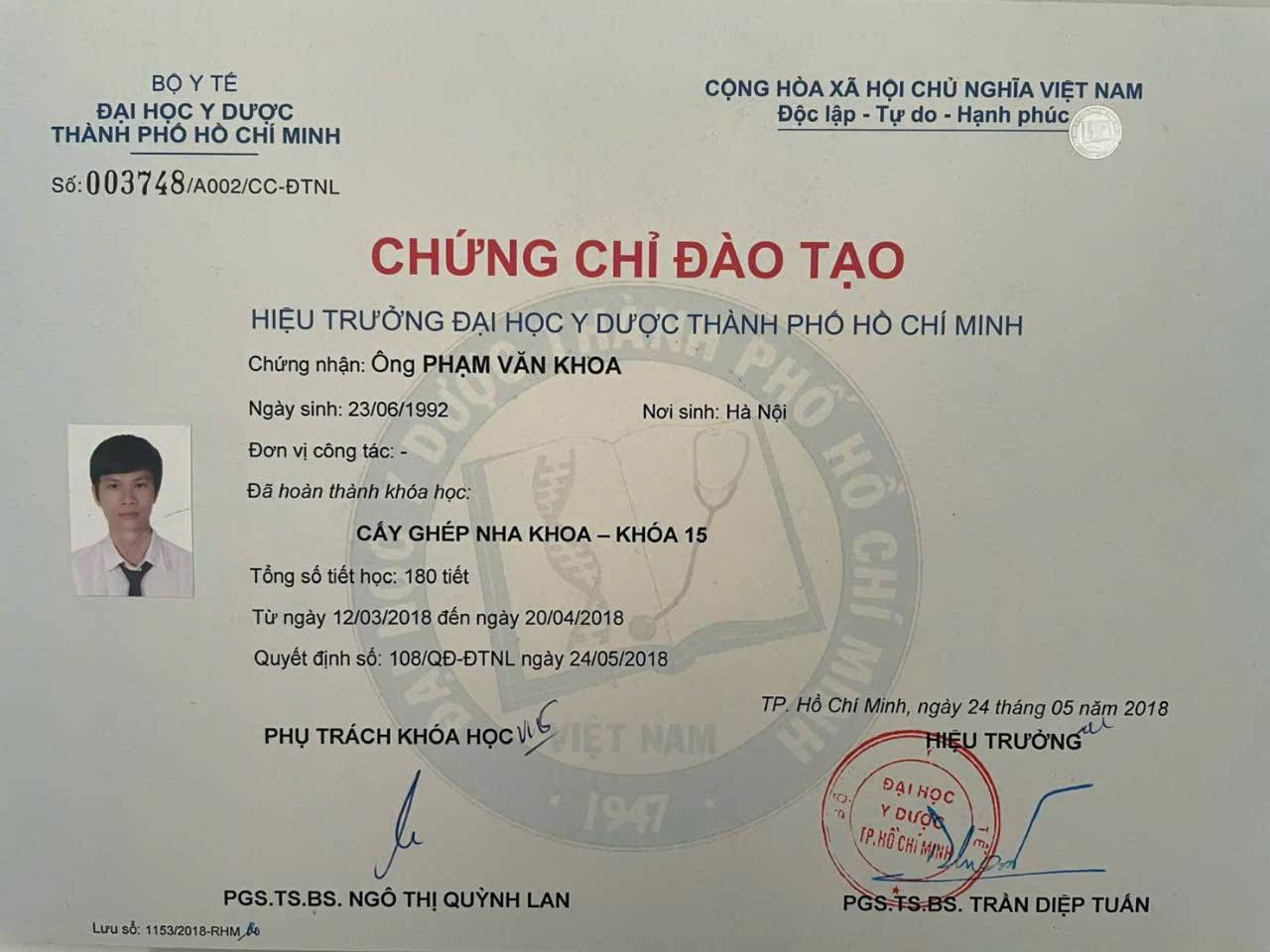 Bằng cấp BS. PHẠM VĂN KHOA