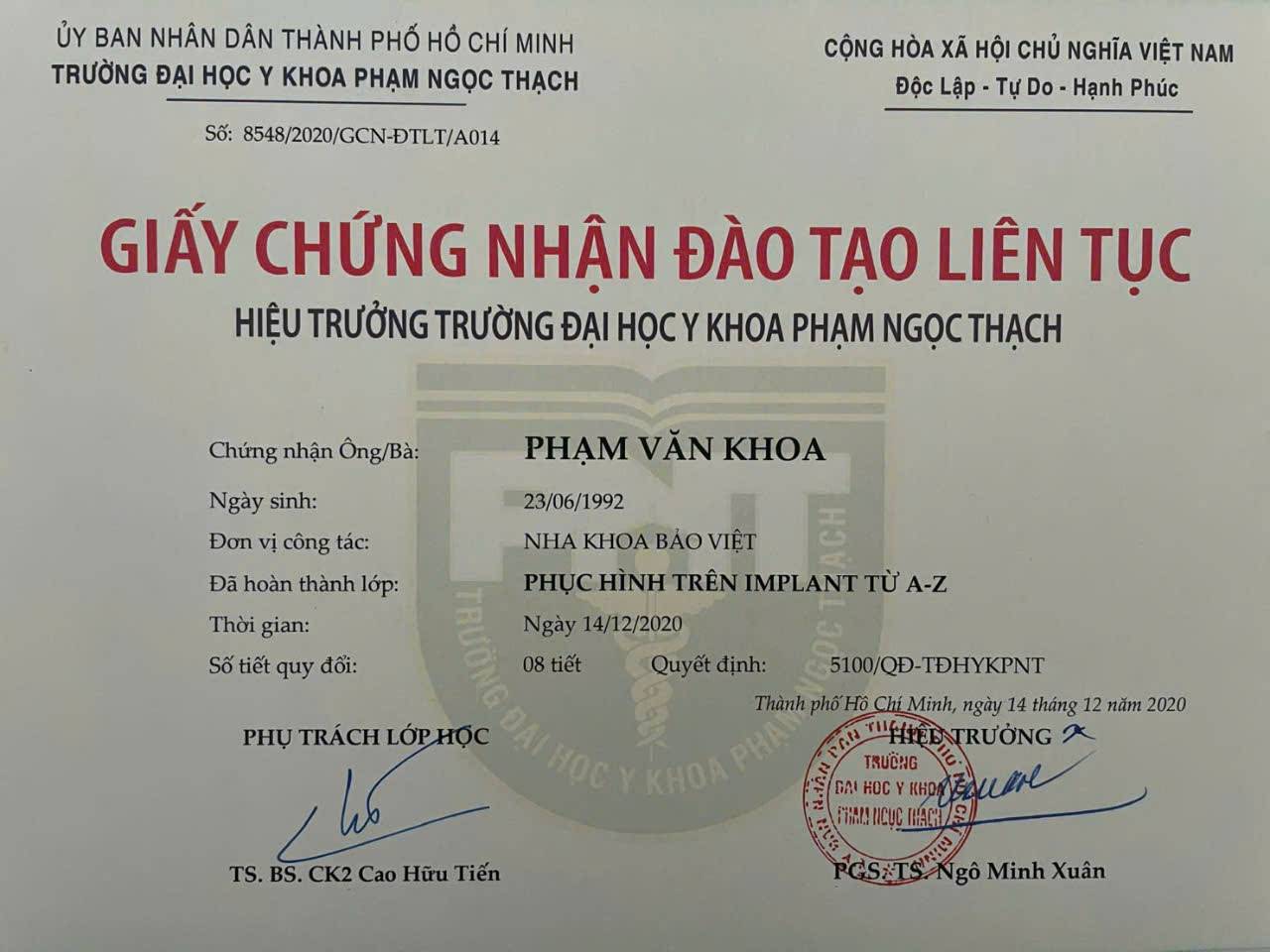 Bằng cấp BS. PHẠM VĂN KHOA