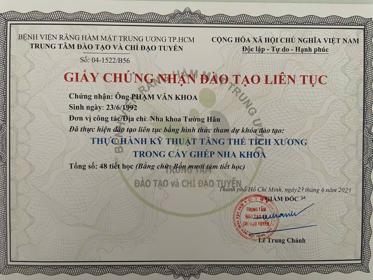 Bằng cấp BS. PHẠM VĂN KHOA