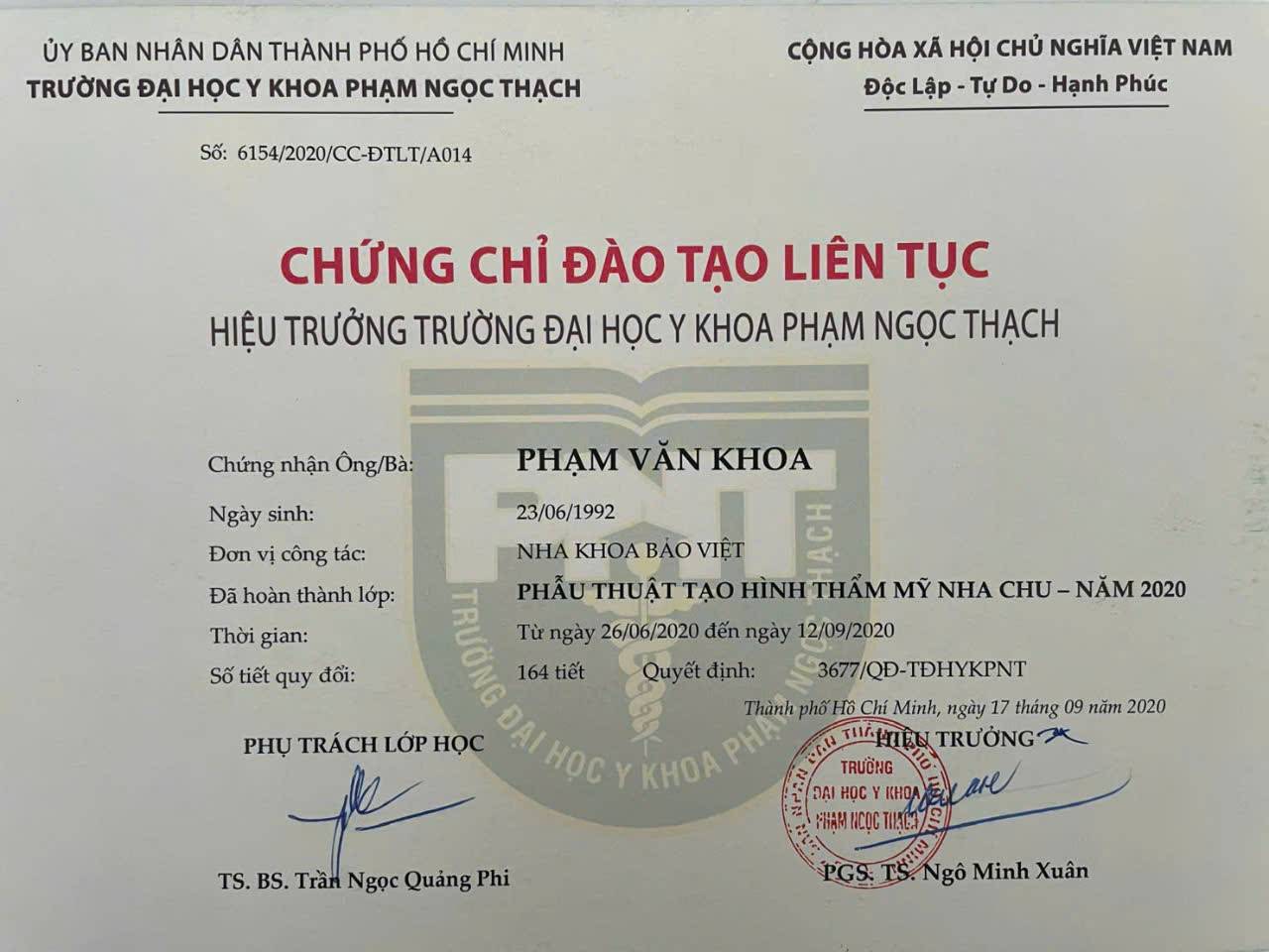 Bằng cấp BS. PHẠM VĂN KHOA