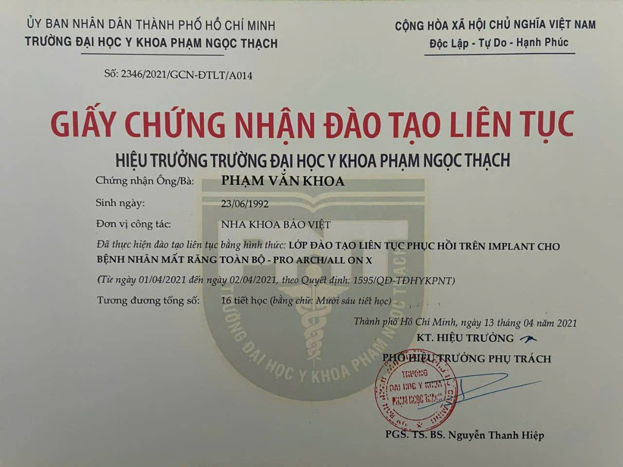 Bằng cấp BS. PHẠM VĂN KHOA